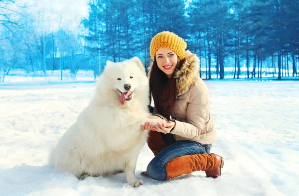 Bonne femme souriante propriétaire avec chien Samoyed blanc dans le parc d'hiver — Photo
