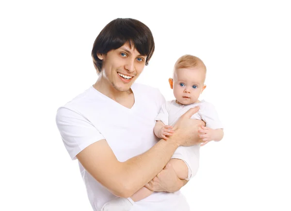 Boldog, mosolyog az apja és a baba egy fehér háttér — Stock Fotó