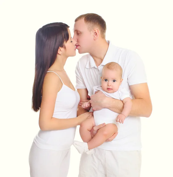 Happy family together, mother and father with baby on a white ba — Stock Photo, Image