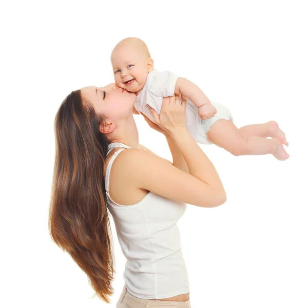 Happy mother playing kissing baby on white background — Stock Photo, Image