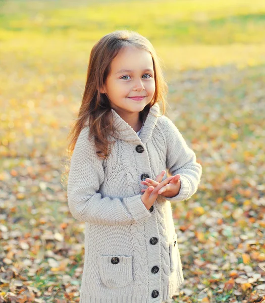 Lyckligt leende liten flicka barn gå i höstdag — Stockfoto