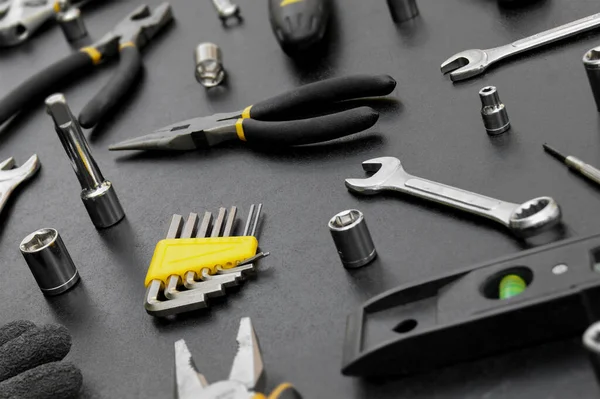 Sok Különböző Eszközök Javítási Munka Egy Fekete Háttér Javítási Építési — Stock Fotó