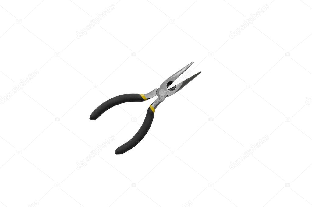 Isolated metal pliers with plastic black handles on a white background. Construction tool for removing nails and snapping wire, convenient insulated handle for working with wires and current. Strong steel on the tongs.