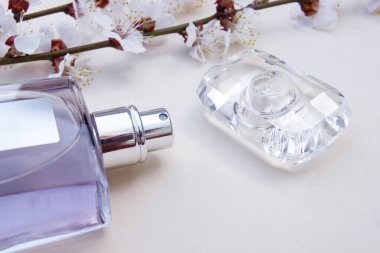 Bir şişe kadın parfümü ve çiçekli kirazlı açık güzellik masaüstü arka planı. Moda ve Güzellik blogu. Bahar minimum konsepti.
