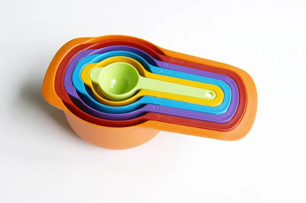 Set Measuring Spoons Made Colored Plastic Group Plastic Measuring Spoons — Stock Photo, Image