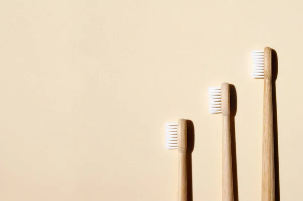 Bamboo Toothbrushes Light Background Say Plastic Concept Top View Copy — Stock Photo, Image