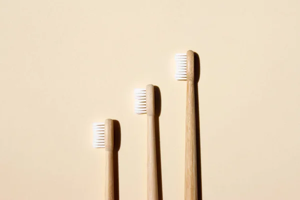 Bamboo Toothbrushes Light Background Say Plastic Concept Top View Copy — Stock Photo, Image