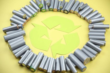 Kullanılmış AA bataryalar ve çevresel atık ve yeşil arka planda toprak toksik bataryalar. Zararlı ve geri dönüşümlü nesnelerin işlenmesi kavramı.