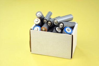 Kullanılmış AA bataryalar ve çevresel atık ve yeşil arka planda toprak toksik bataryalar. Zararlı ve geri dönüşümlü nesnelerin işlenmesi kavramı.