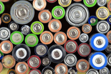 Kullanılmış AA bataryalar ve çevresel atık ve yeşil arka planda toprak toksik bataryalar. Zararlı ve geri dönüşümlü nesnelerin işlenmesi kavramı.