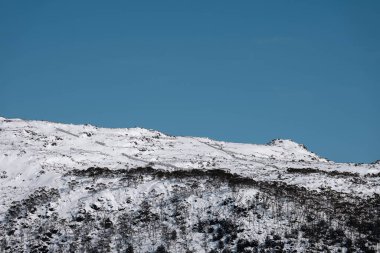 Avustralya 'da bir milli parktaki bir dağda kışın yol üzerindeki buz yaz aylarında Wellington Dağı Tazmanya Avustralyası' na bakıyor. Yollara kar yağıyor..