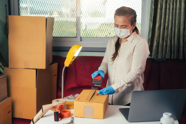 Woman Packing Package Her Home Quarantine Online Store Platforms Concept Royalty Free Stock Photos