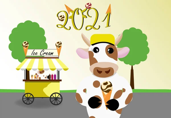 一头可爱的公牛手里拿着冰淇淋.街道背景,阳光灿烂的一天.后面的是冰激凌车晴天，2021年绿色题词。夏天的概念。矢量图形. — 图库矢量图片