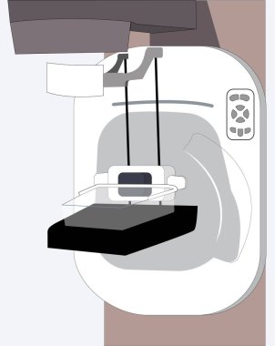 Mamografi Makinesi üç boyutlu. X-ray Mammografi 3D. Göğüs kanseri teşhisi. Dünya Göğüs Kanseri Günü. İzole edilmiş arkaplanda vektör illüstrasyonu.