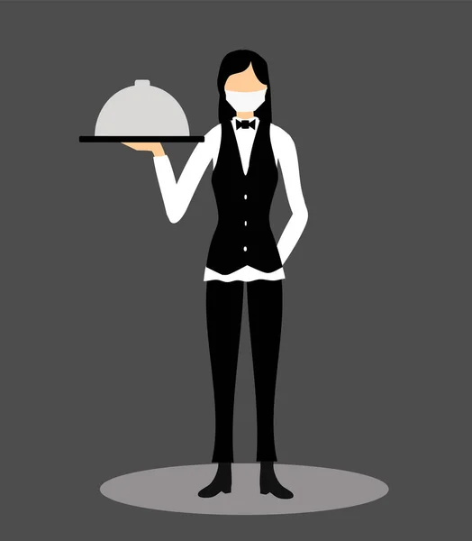 Офіціант Масці Обличчя Подає Їжу Офіціантка Темному Тлі Жінка Доставка — стоковий вектор