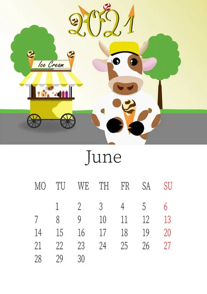 Июнь 2021 года. Календарный месяц с быком в смешной шляпе и мороженым в парке. Редактируемый шаблон вектора. Векторная иллюстрация в плоском стиле. — стоковый вектор
