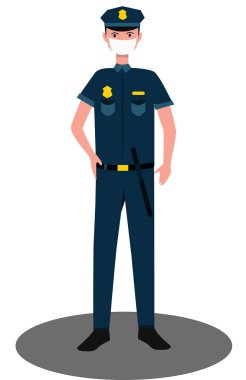 Tıbbi koruyucu maskeli bir polis ayakta duruyor. Karantina Kontrol. Coronavirus Önleme. Vektör çizimi düz tasarım. Beyaz arkaplanda izole.