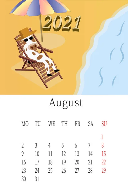 Augustus 2021. Kalendermaand. Op het strand en aan de kust. Bewerkbare vectorsjabloon. Vector illustratie in een platte stijl. — Stockvector