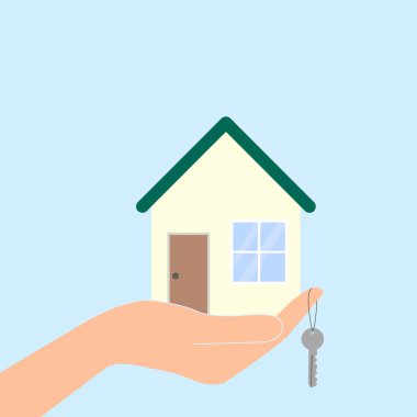 Avuç içinde ev ve anahtar var. Avuç içinde ev ve anahtar var. Ev acentesi, ev satışı ve kirası. resimleme.