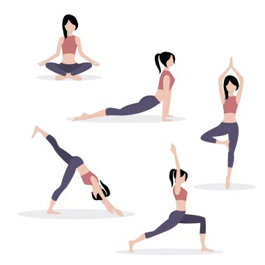 Kadın aktiviteleri. Spor, yoga, fitness yapan kadınlar. Sağlıklı bir yaşam tarzı. Renkli düz resimleme.