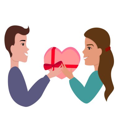 Adam kıza tatil için bir hediye verir. Doğum günü, yeni yıl, sevgililer günü. Lezbiyen, Gey, Biseksüel, Transseksüel. Vektör illüstrasyonu