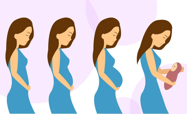 Etapas de un embarazo de niñas. El comienzo del embarazo, el proceso del embarazo, una niña con un recién nacido en sus brazos. Ilustración vectorial — Archivo Imágenes Vectoriales