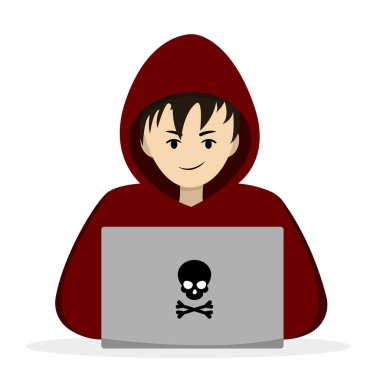 Dizüstü bilgisayarın arkasındaki bilgisayar korsanı. Başkasının verilerini hacklemek. Vektör illüstrasyonu