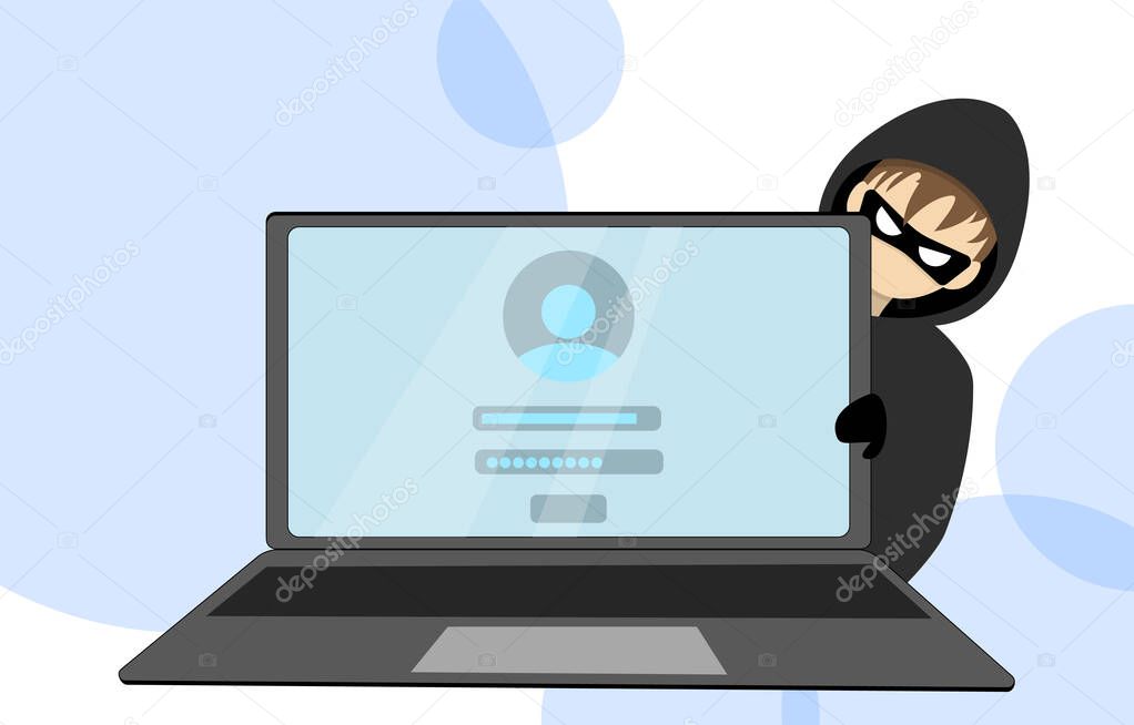 Hacker behind a laptop. Hacking someone elses data. Vector illustration