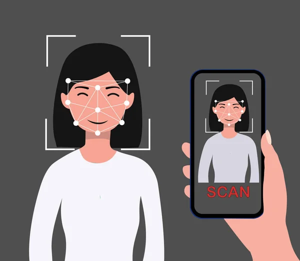 顔Id 顔認識 生体認証 本人確認 本人確認 スマートフォンで3D顔スキャナ ベクターイラスト — ストックベクタ
