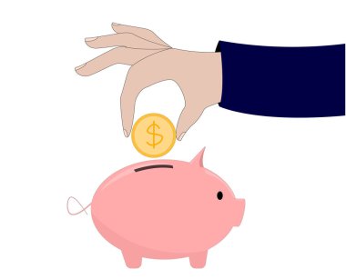 Domuz kumbarası. El kumbaraya bozuk para atıyor. Para topluyordum. Vektör illüstrasyonu