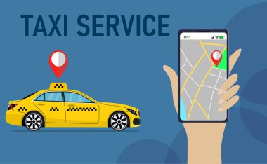 Taksi durağı. Telefondaki taksi, çevrimiçi. Yer belirleme. Taksi reklamı. Vektör illüstrasyonu