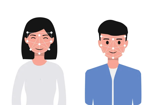 人脸识别 人脸识别 生物识别 个人验证 身份检测 3D人脸扫描仪矢量图解 男子和妇女起立 — 图库矢量图片