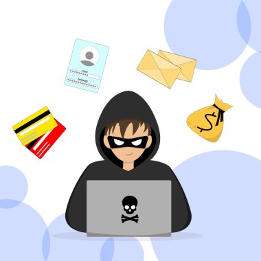 Bilgisayar korsanı dizüstü bilgisayarın başında oturuyor. Bir hacker birinin bilgilerine sızar. Vektör illüstrasyonu