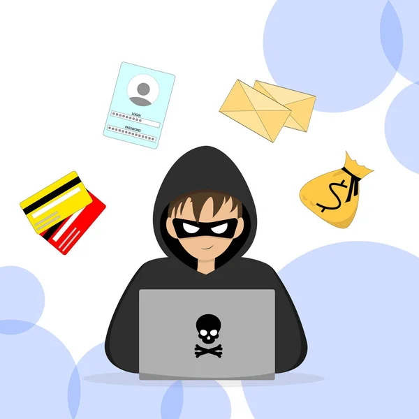 Hacker Zit Achter Laptop Een Hacker Breekt Iemands Informatie Vectorillustratie — Stockvector