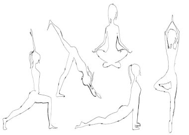 Yoga yapan bir kızın siluetleri. Asanas, sağlıklı yaşam tarzı. Soyut vektör illüstrasyonu.