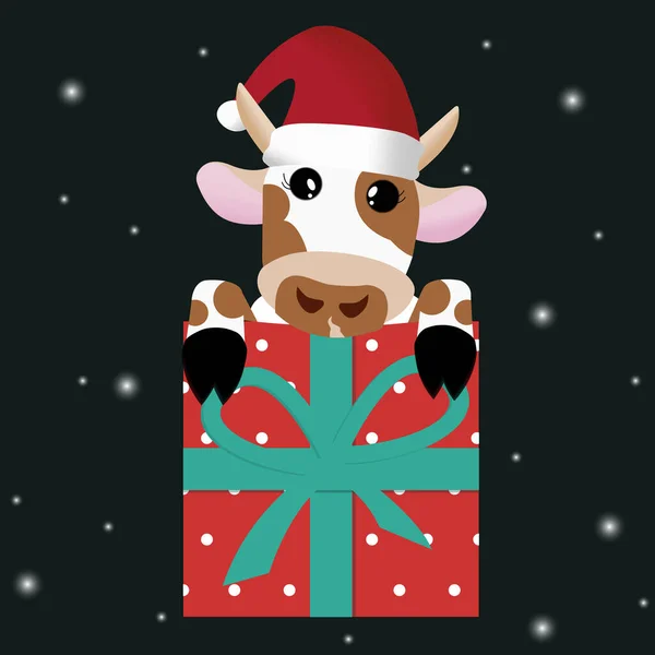 年賀状 クリスマスだ 2021年 牛はギフトボックスを持っている 牛の年だ クリスマスの帽子 ベクターイラスト — ストックベクタ