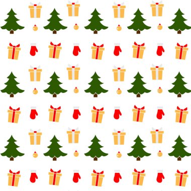 Mutlu yıllar 2021, Noel ağacı, hediyeler, Noel ağacı oyuncakları, Noel eldivenleri ile kusursuz bir Noel şablonu. Paket, kumaş, baskı için tasarım.