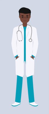 Doktor beyaz bir arka planda izole edildi. Üniformalı bir karakter. Vektör illüstrasyonu