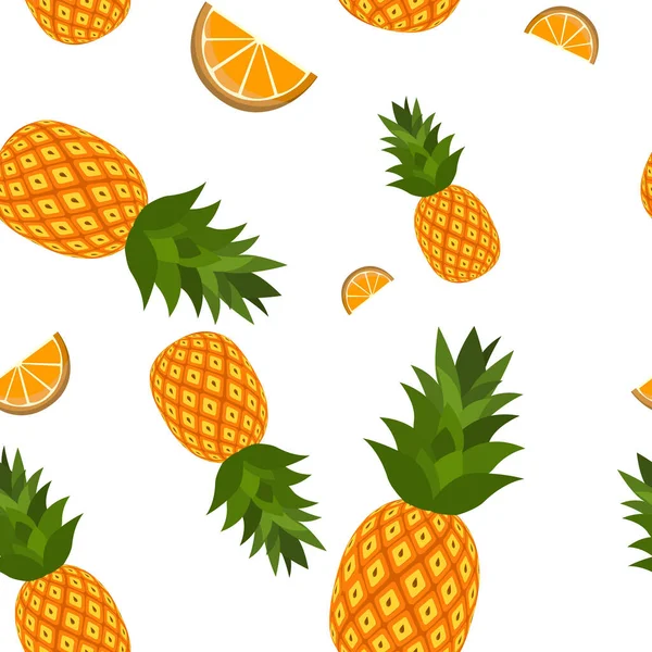 Pineapples Orange Slices Seamless Pattern Cartoon Fruits White Background Vector — Stock Vector