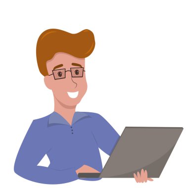 Bir adam dizüstü bilgisayarın başında oturuyor. Gözlüklü iş adamı beyaz arka planda izole edilmiş. Vektör illüstrasyonu