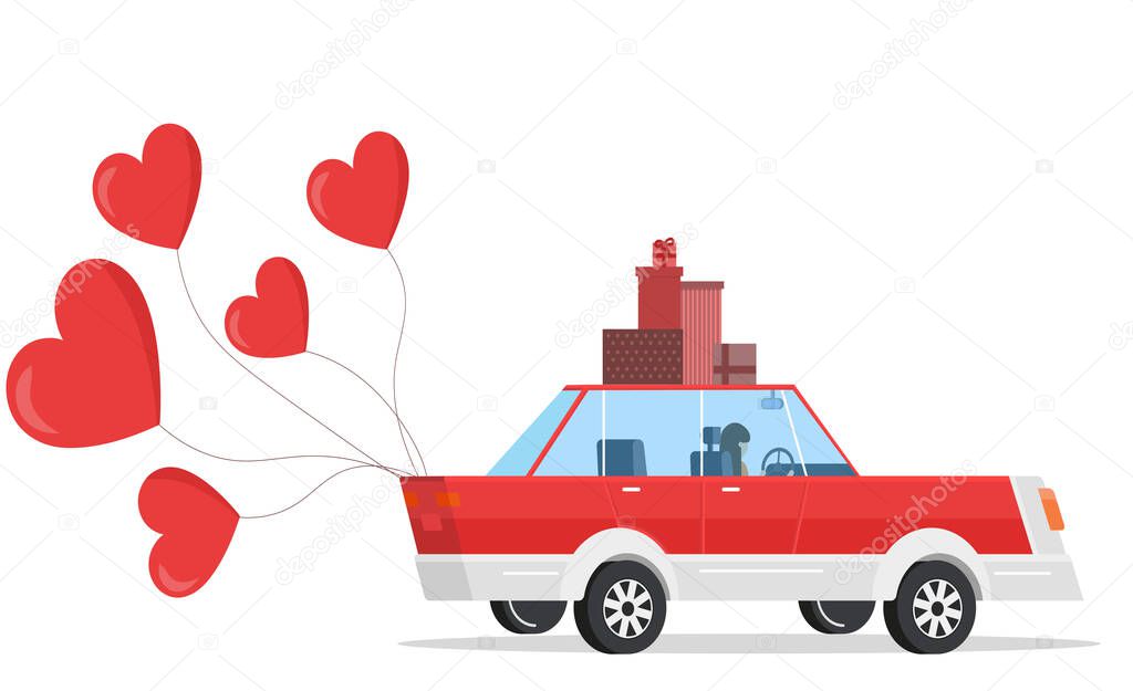 Happy Valentine's day. Festive postcard. The car goes with gifts and balls on the trunk. Balls in the shape of hearts. Red car. Vector