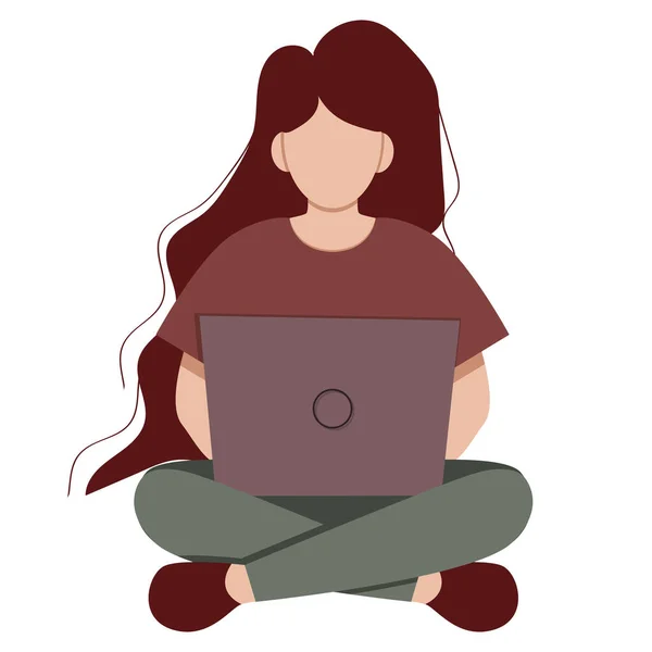 Rapariga Está Sentada Num Portátil Educação Online Trabalho Online Novo —  Vetores de Stock