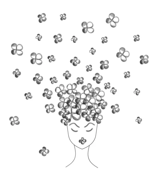 髪の代わりに花を持つ女の子 黒と白のベクトルイラスト — ストックベクタ