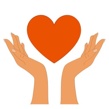 Bir adamın elleri ve büyük kırmızı bir kalp. Sembol. Vektör illüstrasyonu.