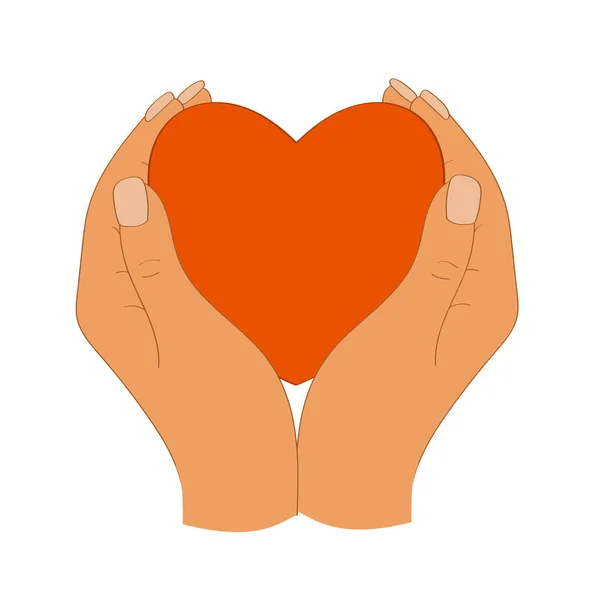 Menschenhände und ein großes rotes Herz. Symbol. Vektorillustration. — Stockvektor