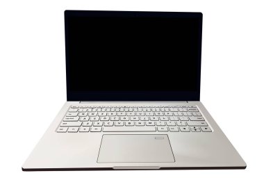 Gerçekçi dizüstü bilgisayarın üç boyutlu çizimi beyaz arka planda izole edildi. Tam klavyesi, harfleri ve tuşları olan bir bilgisayar. Ultrabook konsepti. Modern tarzda vektör illüstrasyonu. 3B resim