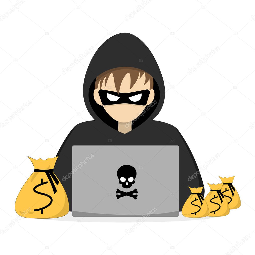 A hacker is sitting at a computer, stealing personal data. Hacker steals bags of money. Vector illustration