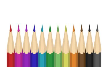 Beyaz arkaplanda izole edilmiş renkli kalemler. Çok renkli, üç boyutlu kalemler. resimleme