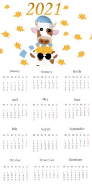 Takvim 2021. Tüm Aylarla Yıllık Planlama Takvimi. Şirin bir boğayla şablonlar. resimleme.