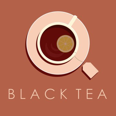 Limon amblemli siyah çay. Üzerinde yazı var. Bir fincan çay fincanı. Siyah çay rengi arka planında vektör illüstrasyonu.